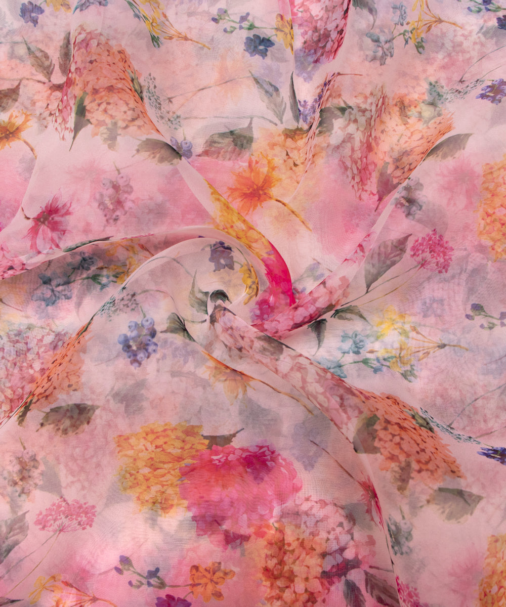 White Colour Floral Print Organza Fabric
