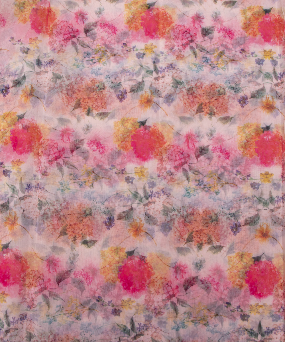 White Colour Floral Print Organza Fabric