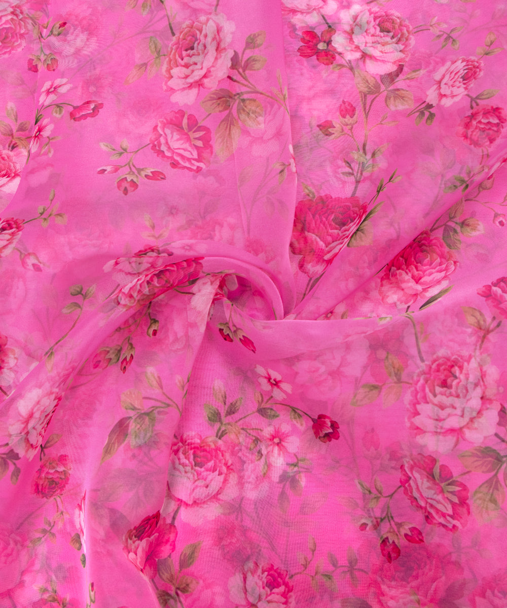 Pink Colour Floral Print Organza Fabric