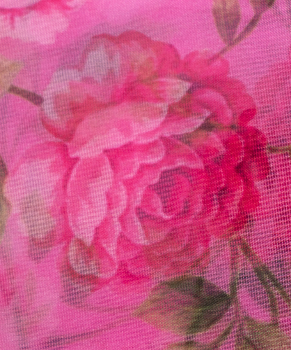 Pink Colour Floral Print Organza Fabric