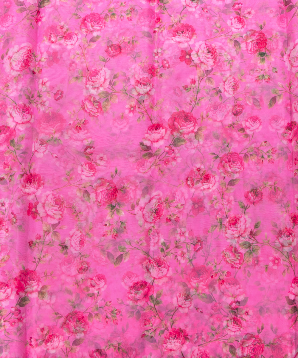 Pink Colour Floral Print Organza Fabric
