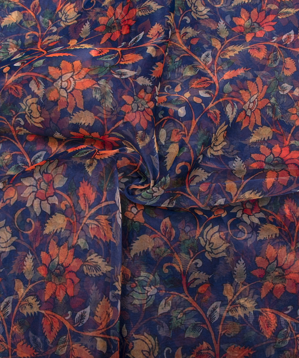 Teal Blue Colour Floral Print Organza Fabric