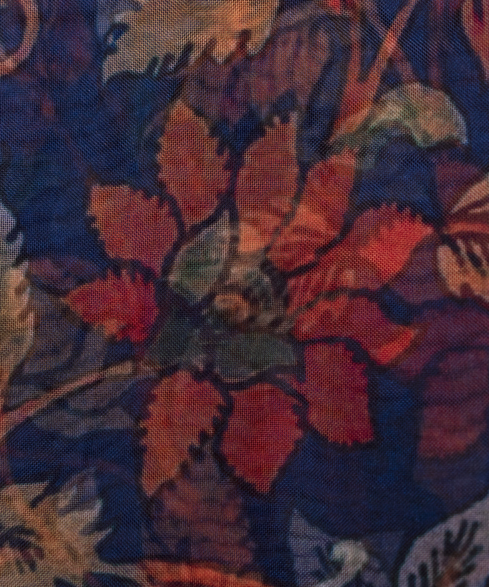 Teal Blue Colour Floral Print Organza Fabric