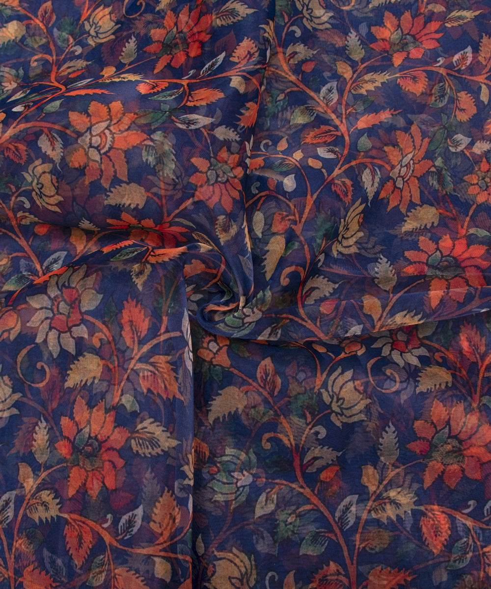Teal Blue Colour Floral Print Organza Fabric