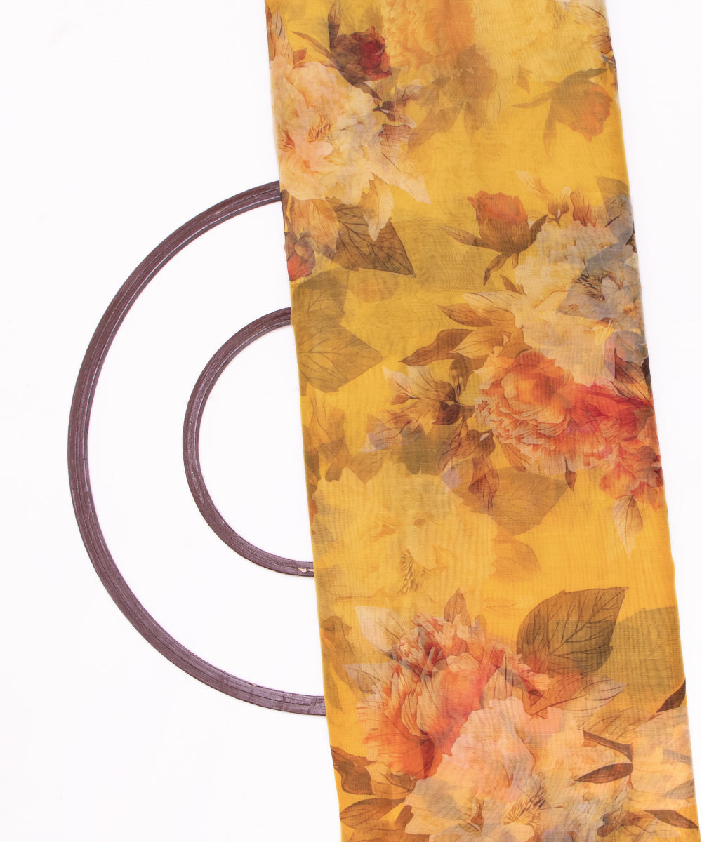 Yellow Colour Floral Print Organza Fabric