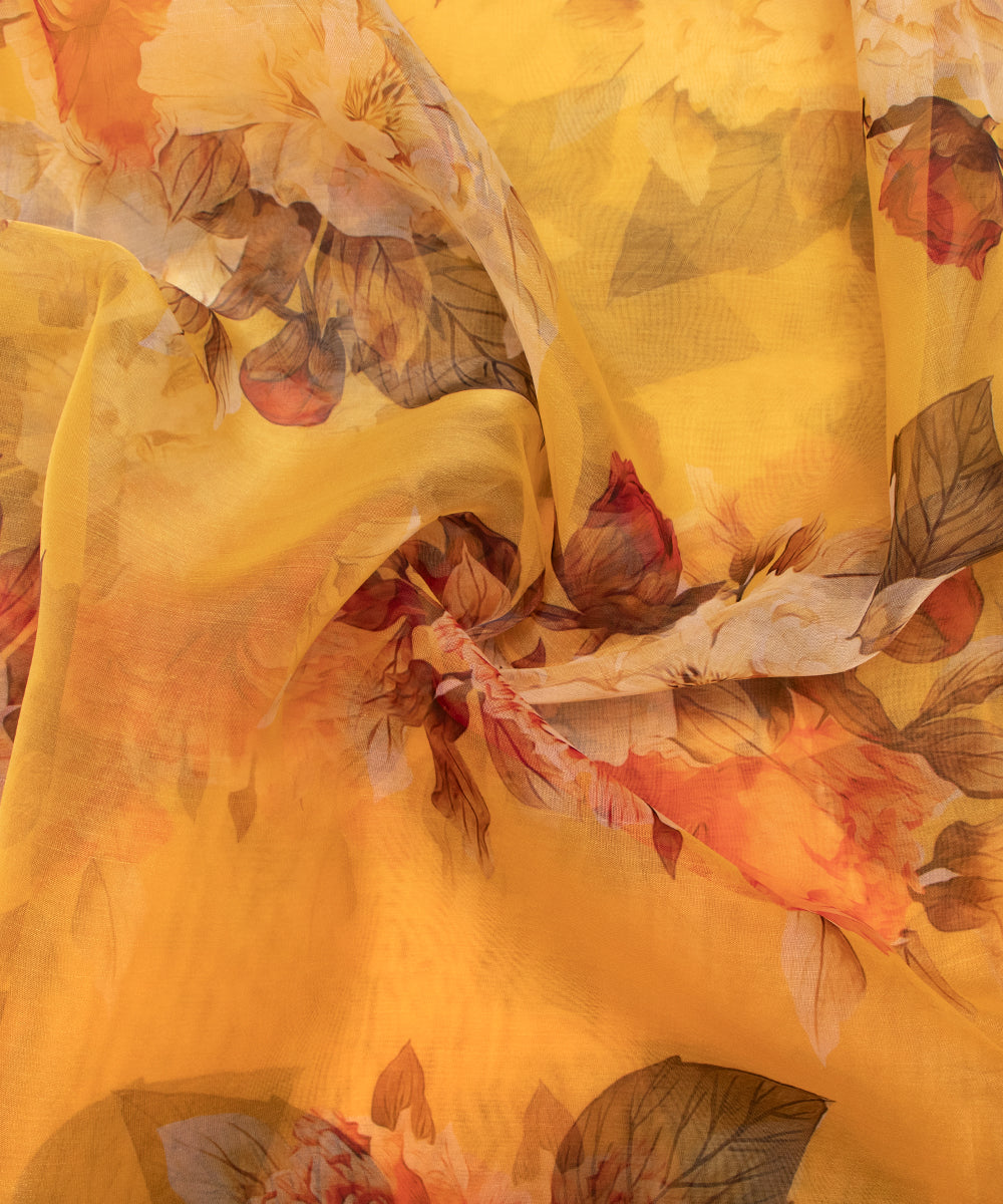 Yellow Colour Floral Print Organza Fabric