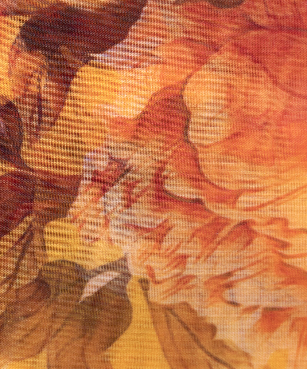 Yellow Colour Floral Print Organza Fabric