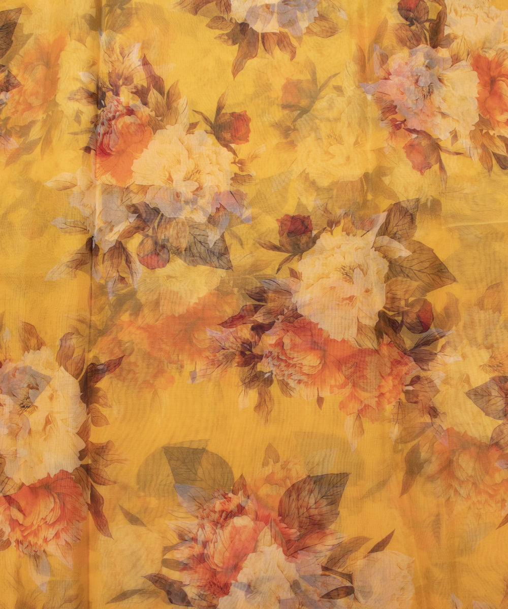 Yellow Colour Floral Print Organza Fabric