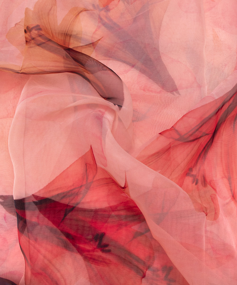 Peach Colour Floral Print Organza Fabric