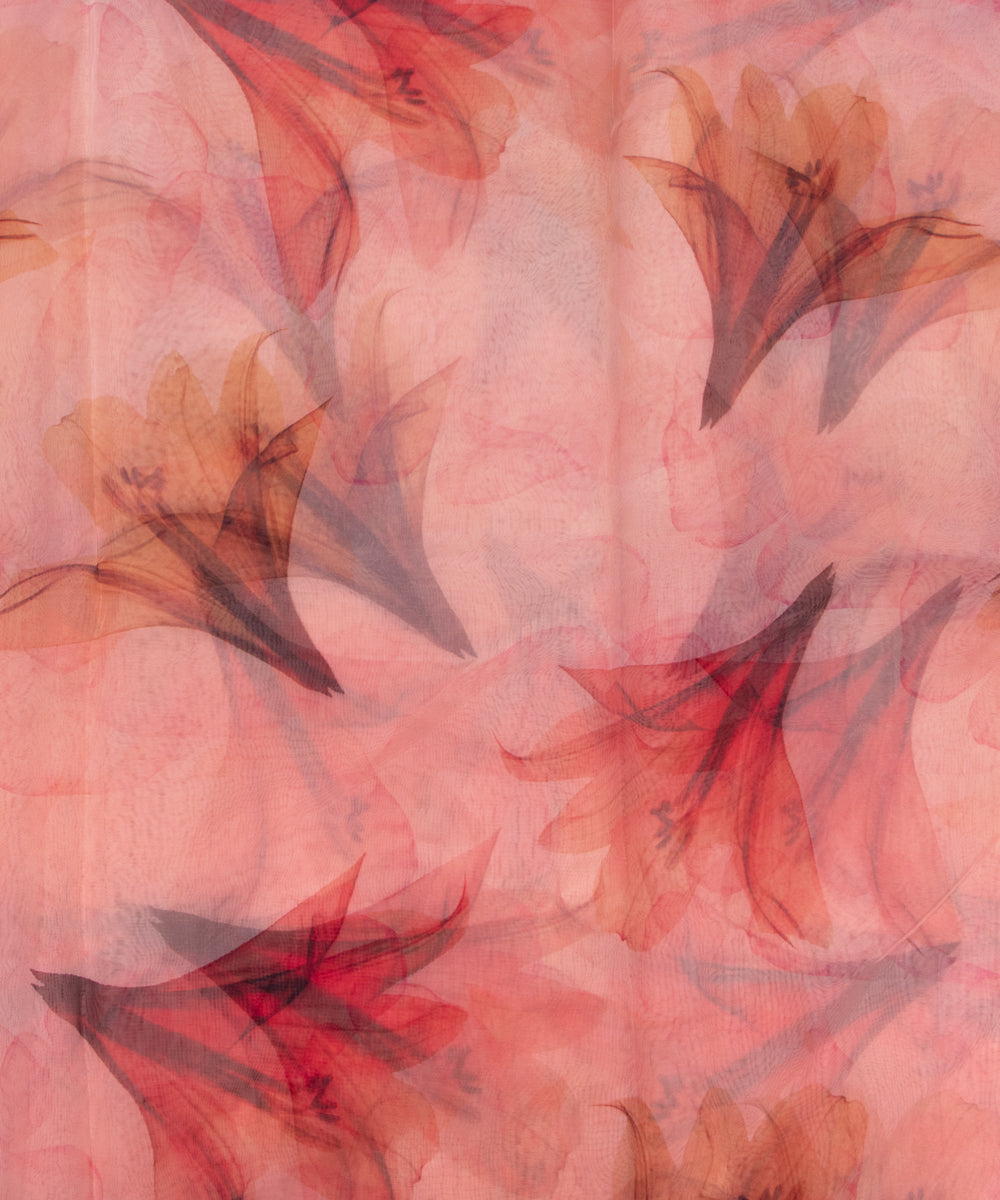 Peach Colour Floral Print Organza Fabric