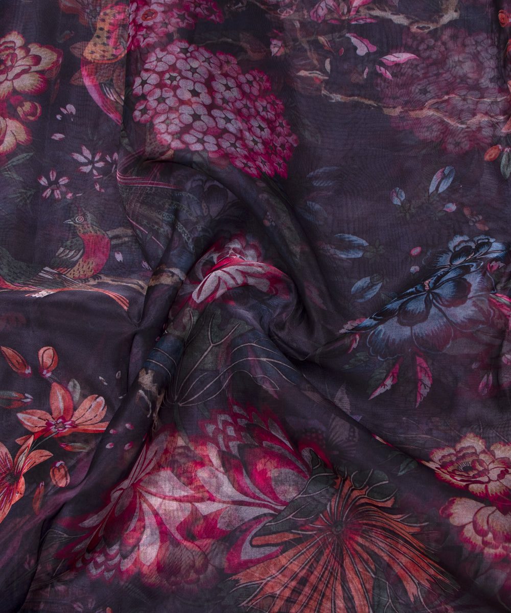 Black Colour Floral Print Organza Fabric
