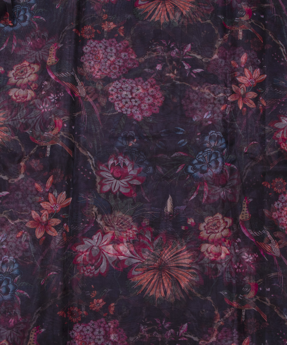 Black Colour Floral Print Organza Fabric