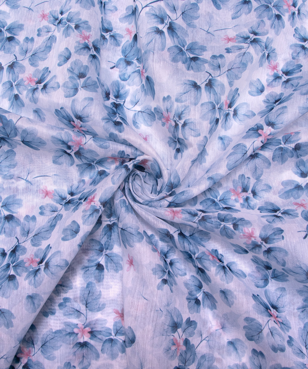 Light Blue Colour Leaf Print Chanderi Silk Fabric