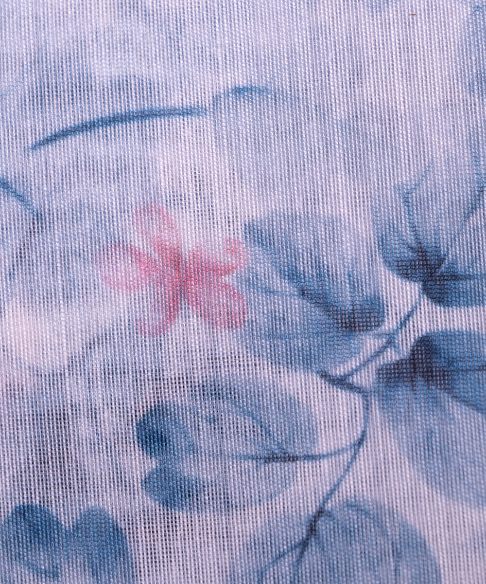 Light Blue Colour Leaf Print Chanderi Silk Fabric