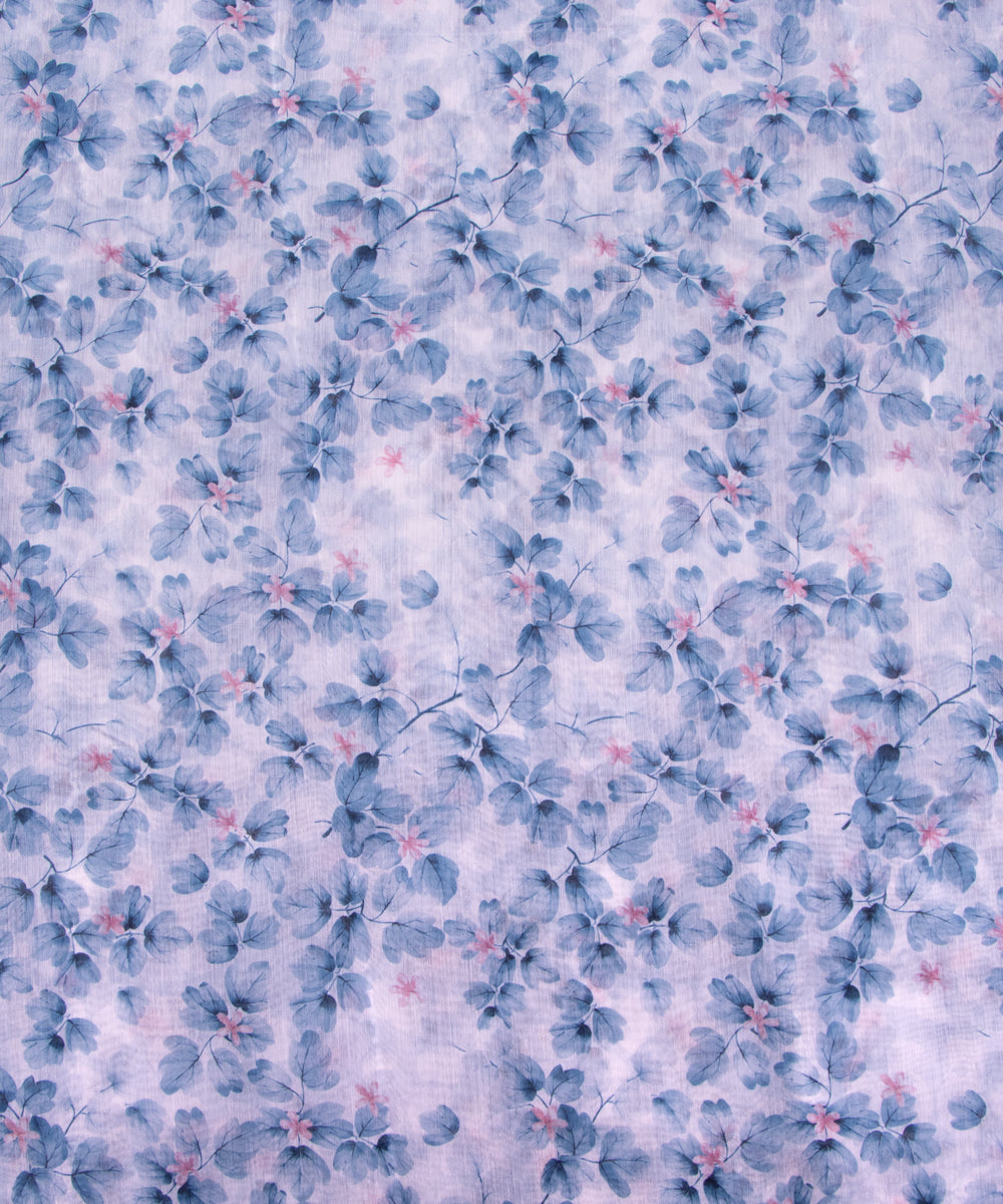 Light Blue Colour Leaf Print Chanderi Silk Fabric
