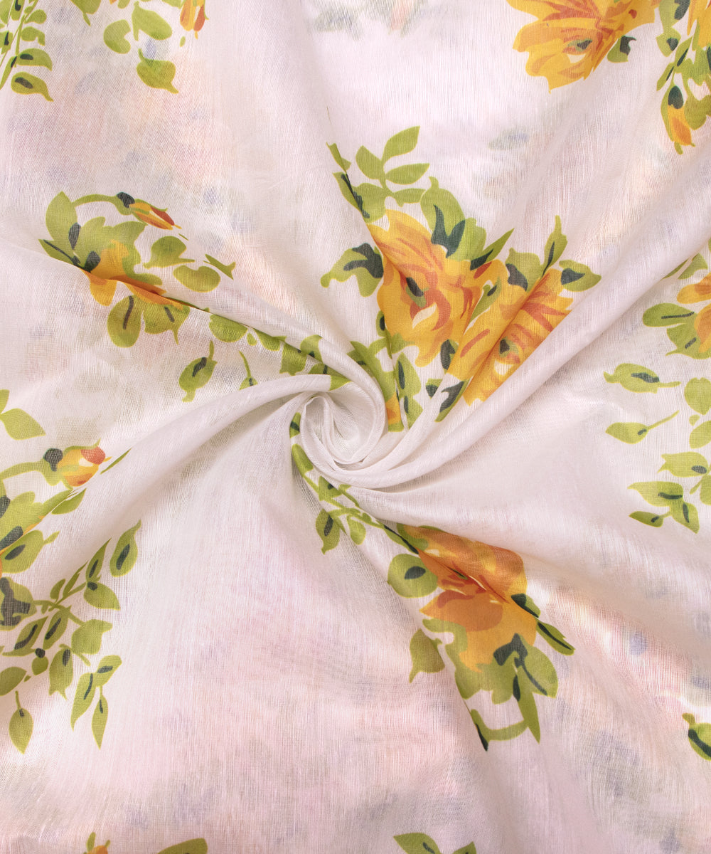 White Colour Floral Print Chanderi Silk Fabric