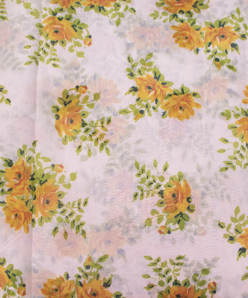 White Colour Floral Print Chanderi Silk Fabric