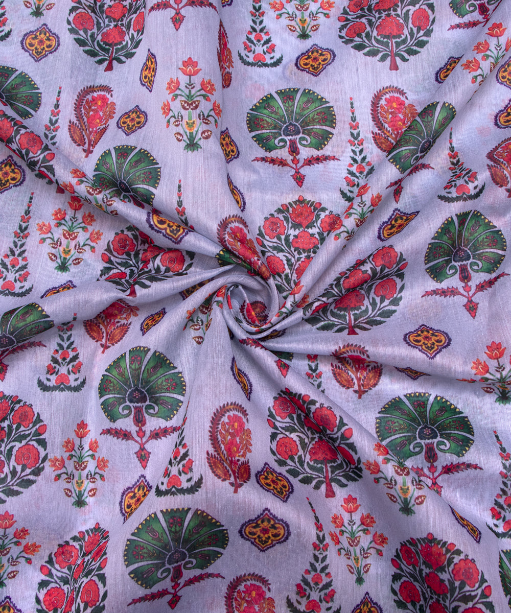 Light Blue Colour Leaf Print Chanderi Silk Fabric