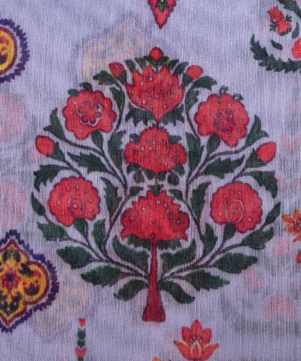 Light Blue Colour Leaf Print Chanderi Silk Fabric
