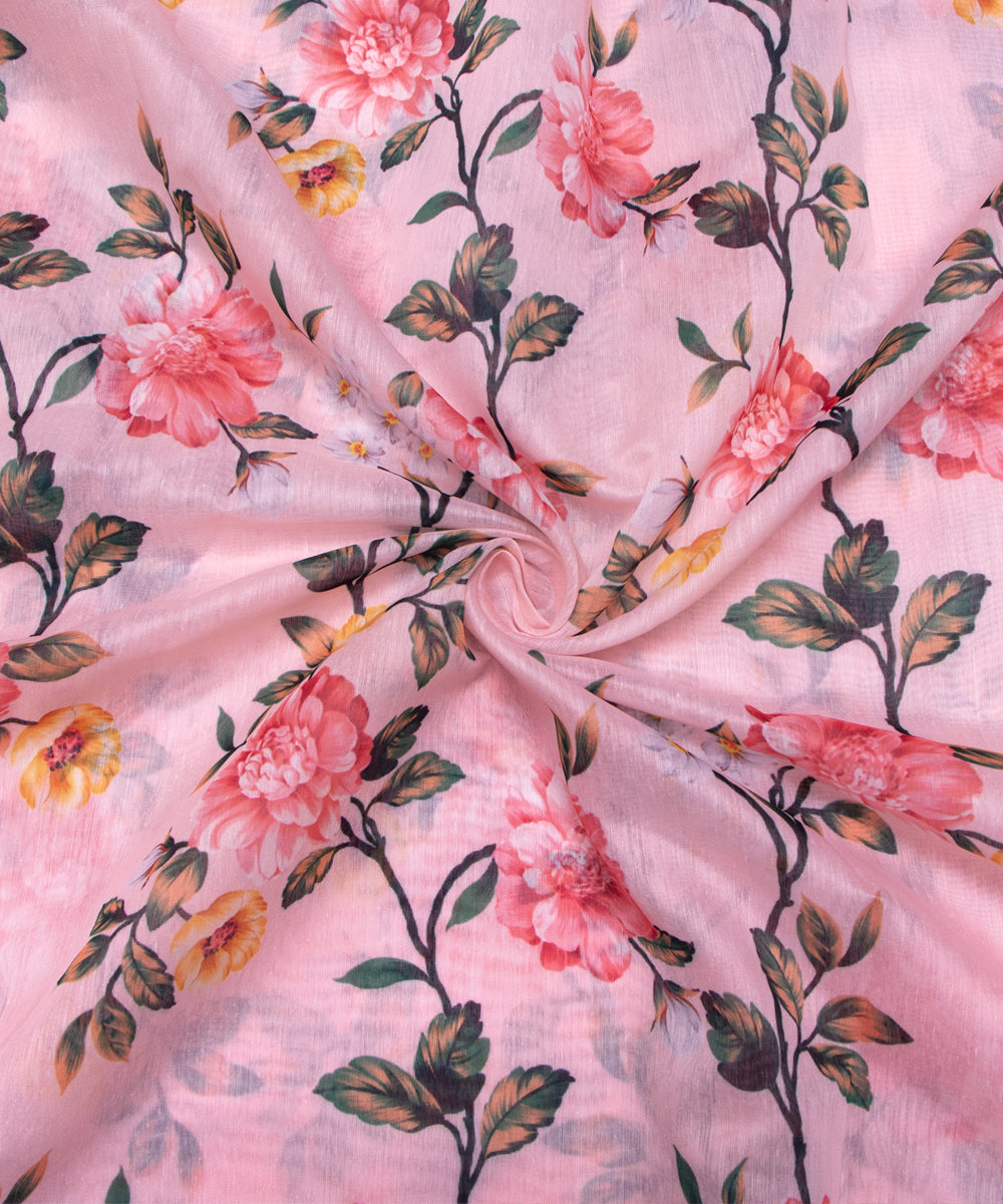 Pastel Pink Colour Floral Print Chanderi Silk Fabric
