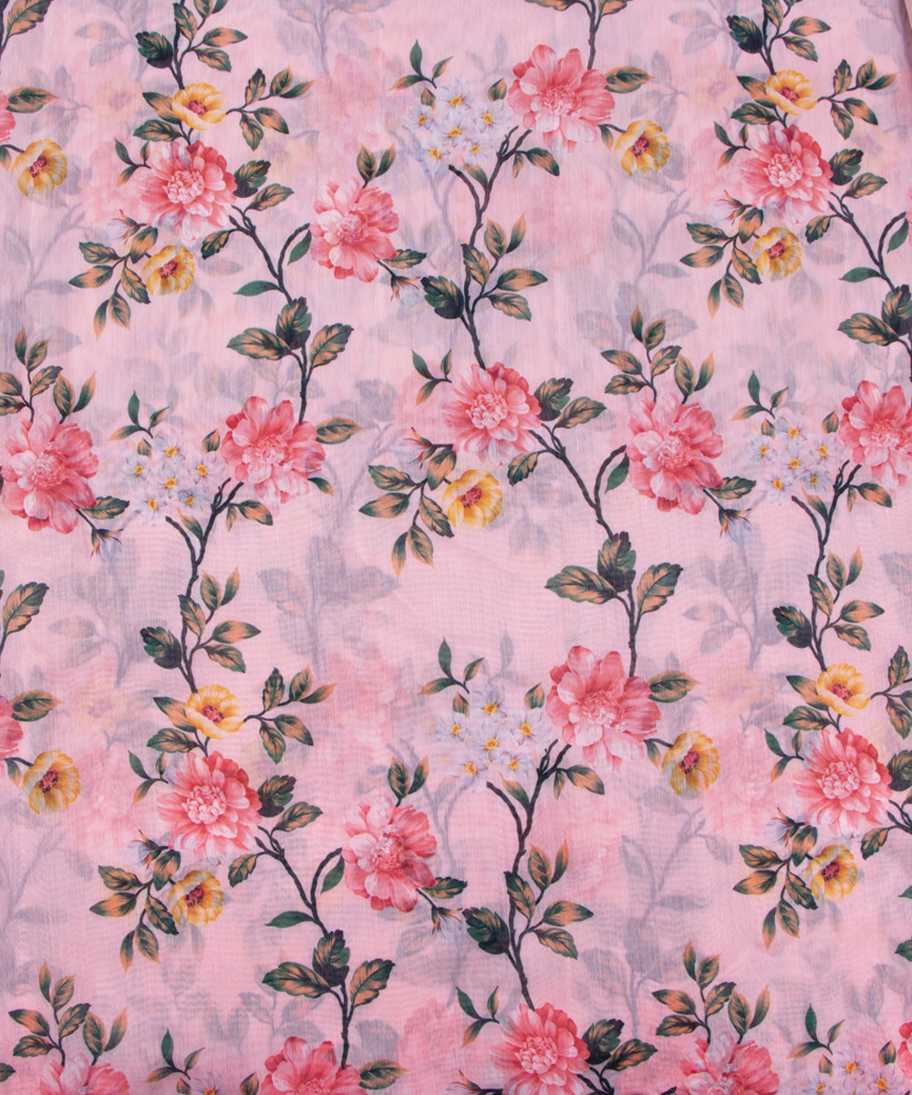 Pastel Pink Colour Floral Print Chanderi Silk Fabric