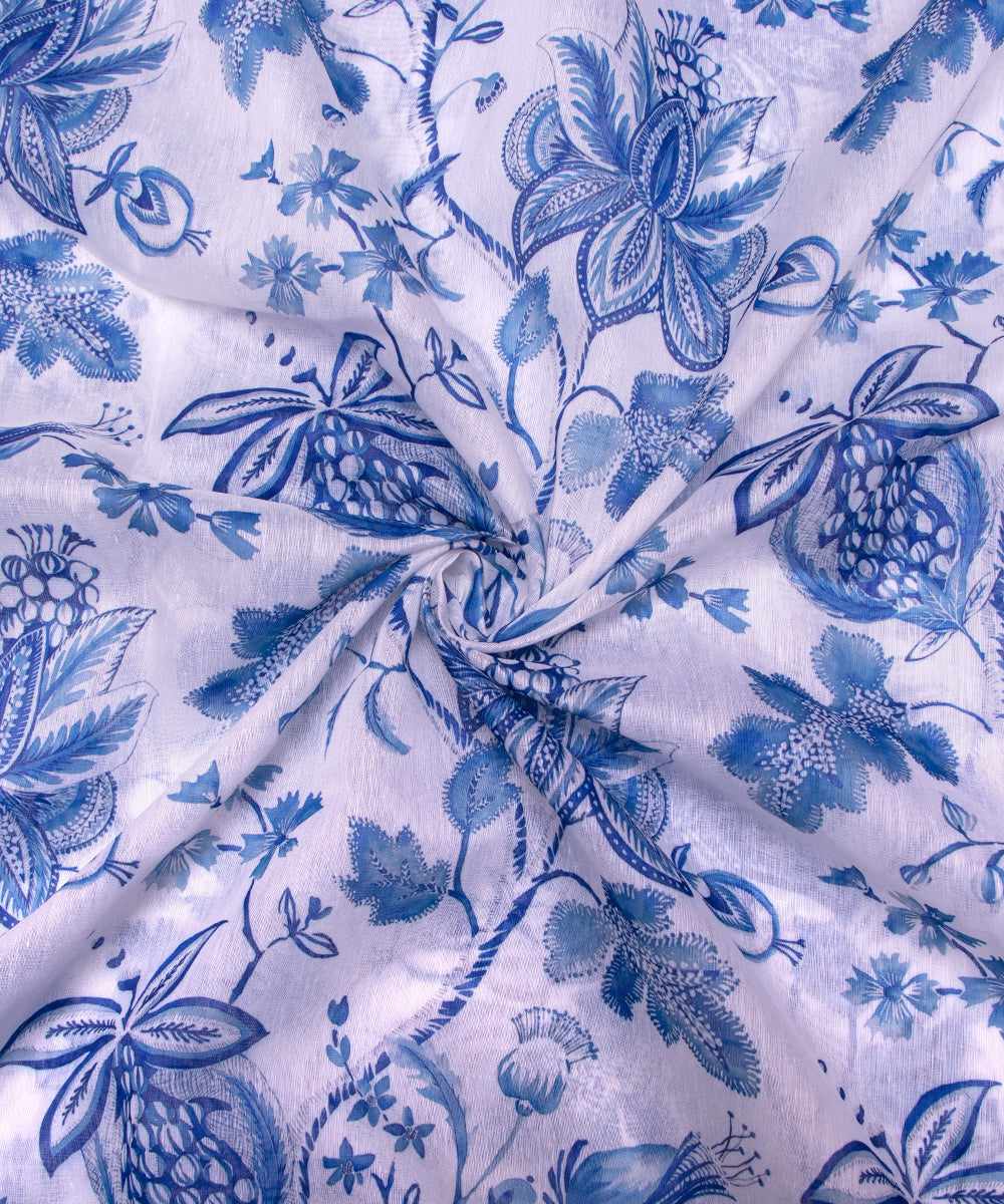 White Colour Floral Print Chanderi Silk Fabric