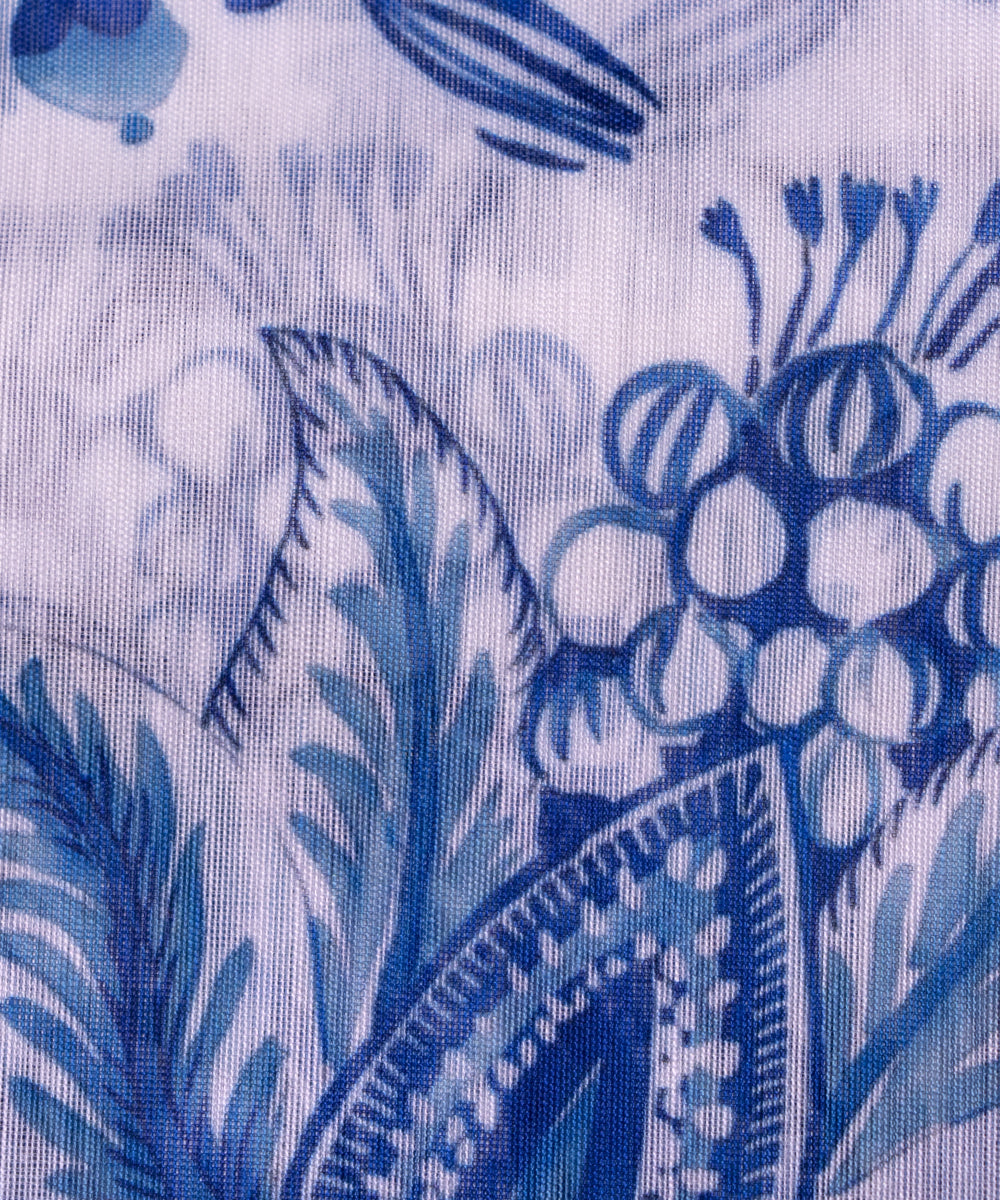 White Colour Floral Print Chanderi Silk Fabric