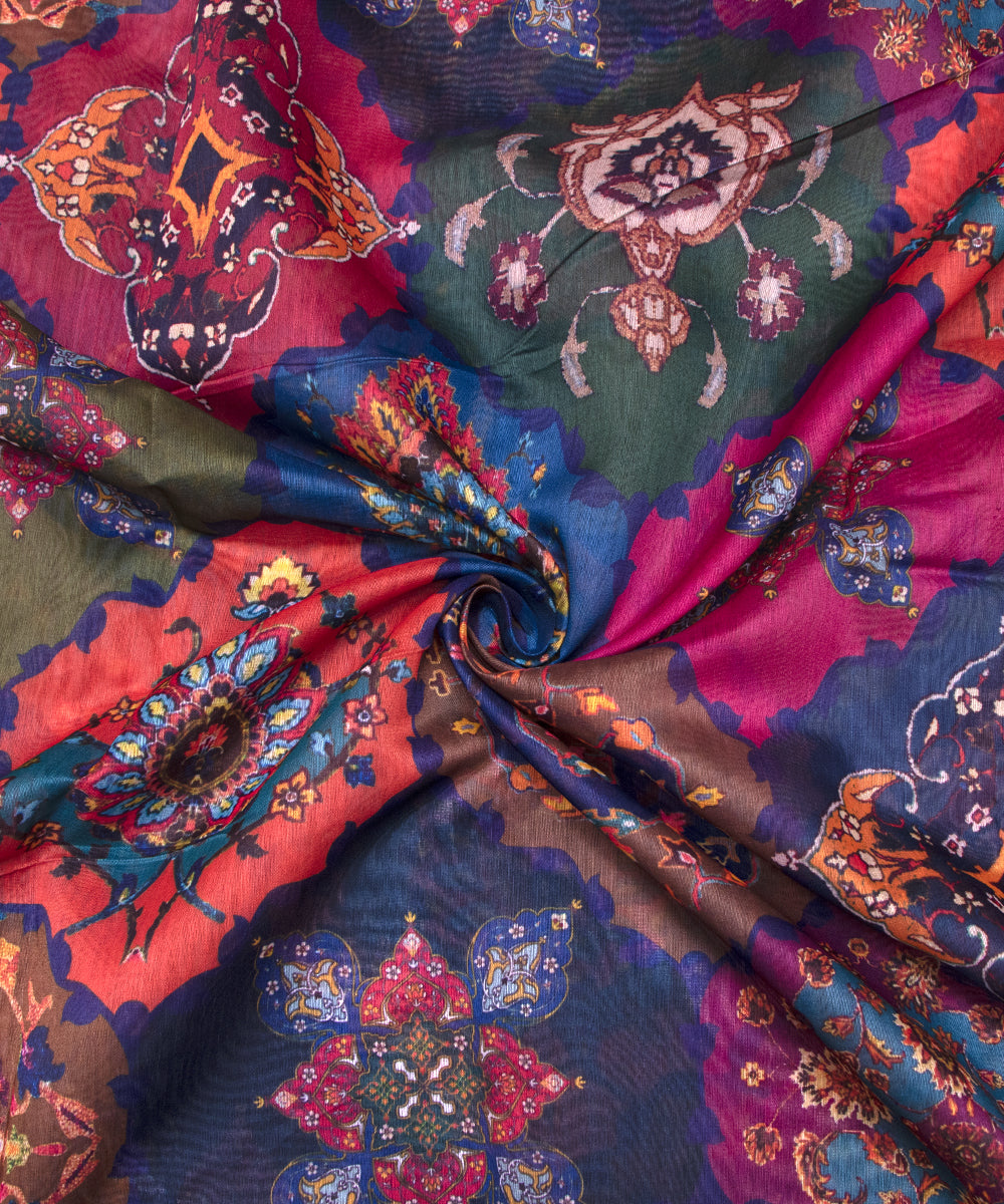 Multi Colour Traditional Print Chanderi Silk Fabric