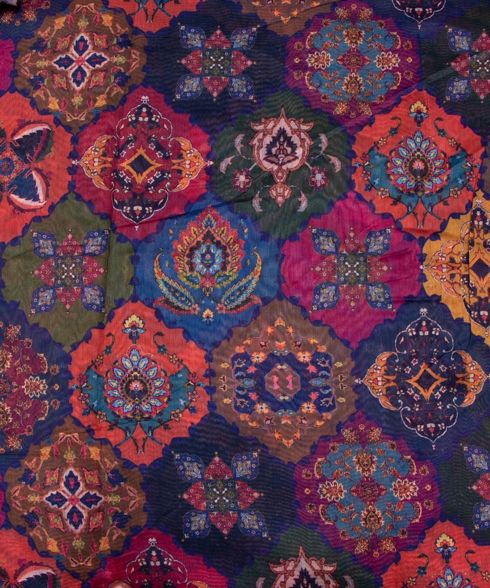 Multi Colour Traditional Print Chanderi Silk Fabric