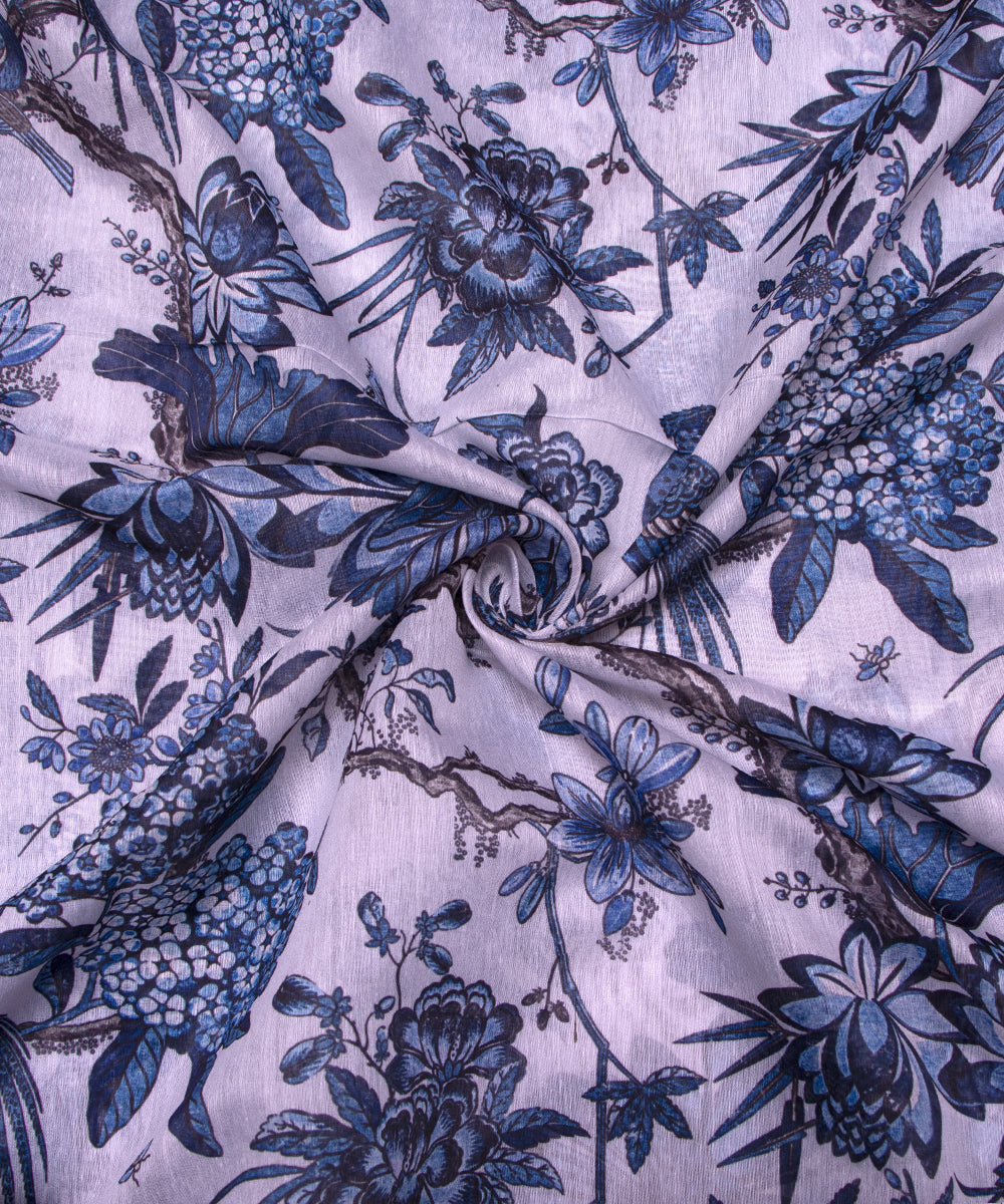 Light Grey Colour Floral Print Chanderi Silk Fabric