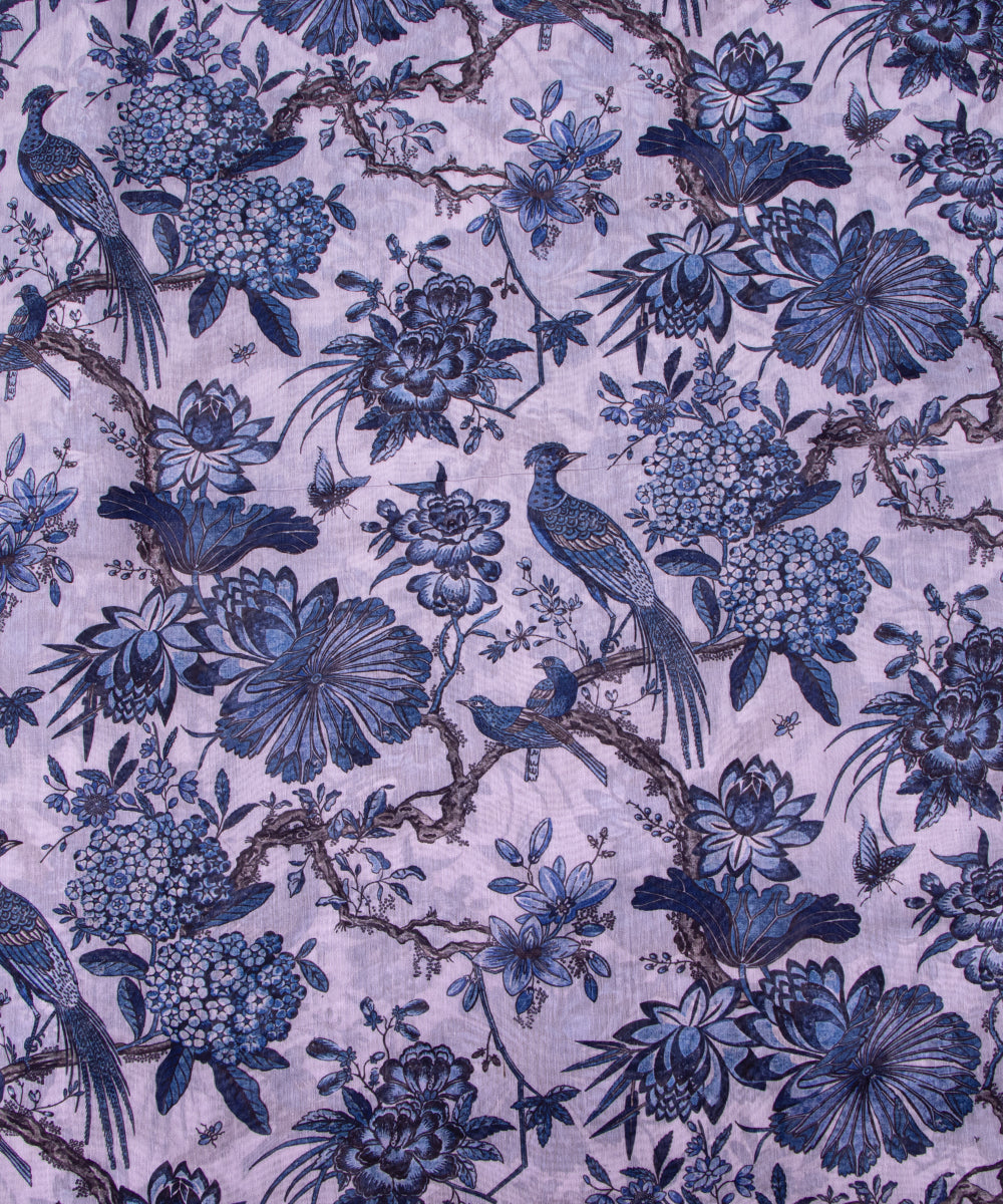 Light Grey Colour Floral Print Chanderi Silk Fabric