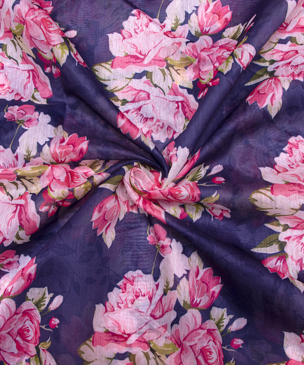 Navy Blue Colour Floral Print Chanderi Silk Fabric