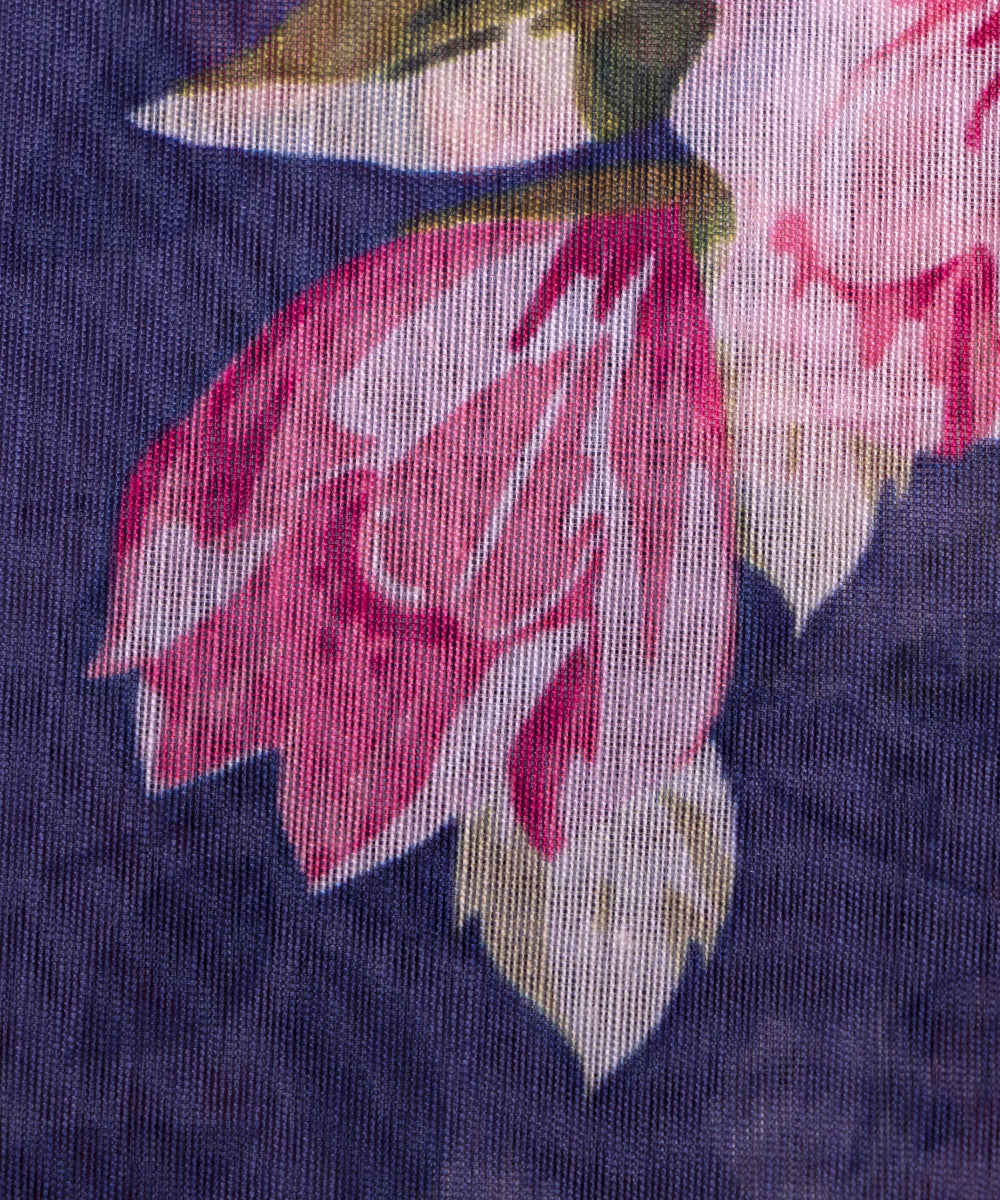 Navy Blue Colour Floral Print Chanderi Silk Fabric
