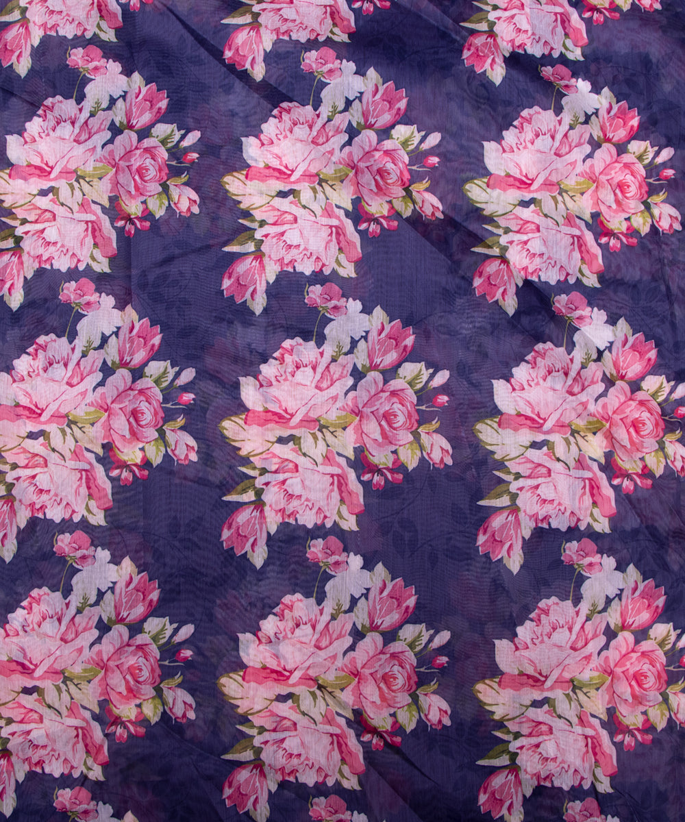 Navy Blue Colour Floral Print Chanderi Silk Fabric