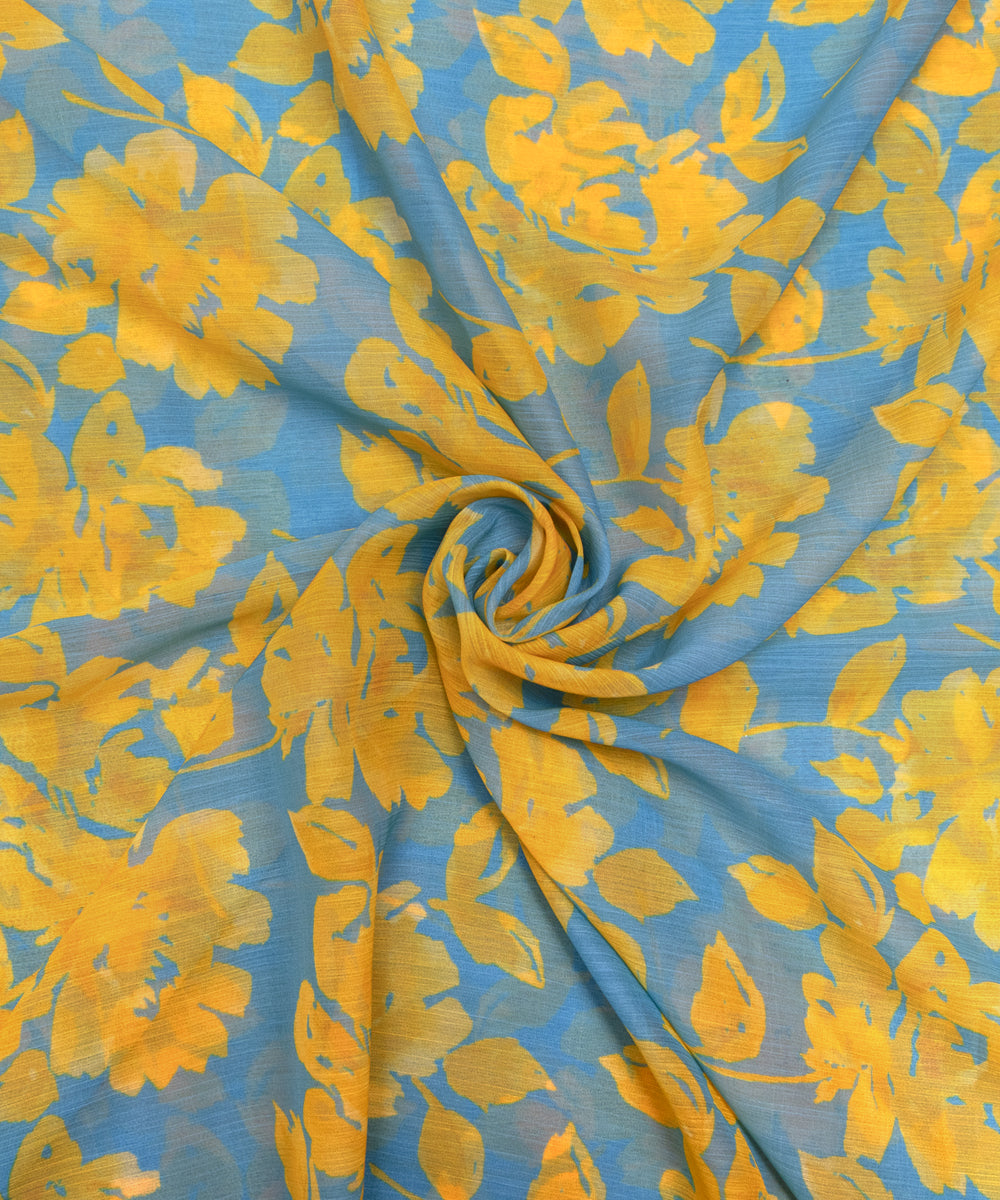 Blue Colour Floral Digital Print Chiffon Fabric