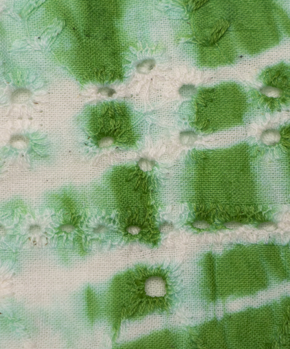 Green Color Tie-Dye Shibori Pattern Cotton Chikankari Embroidery Fabric