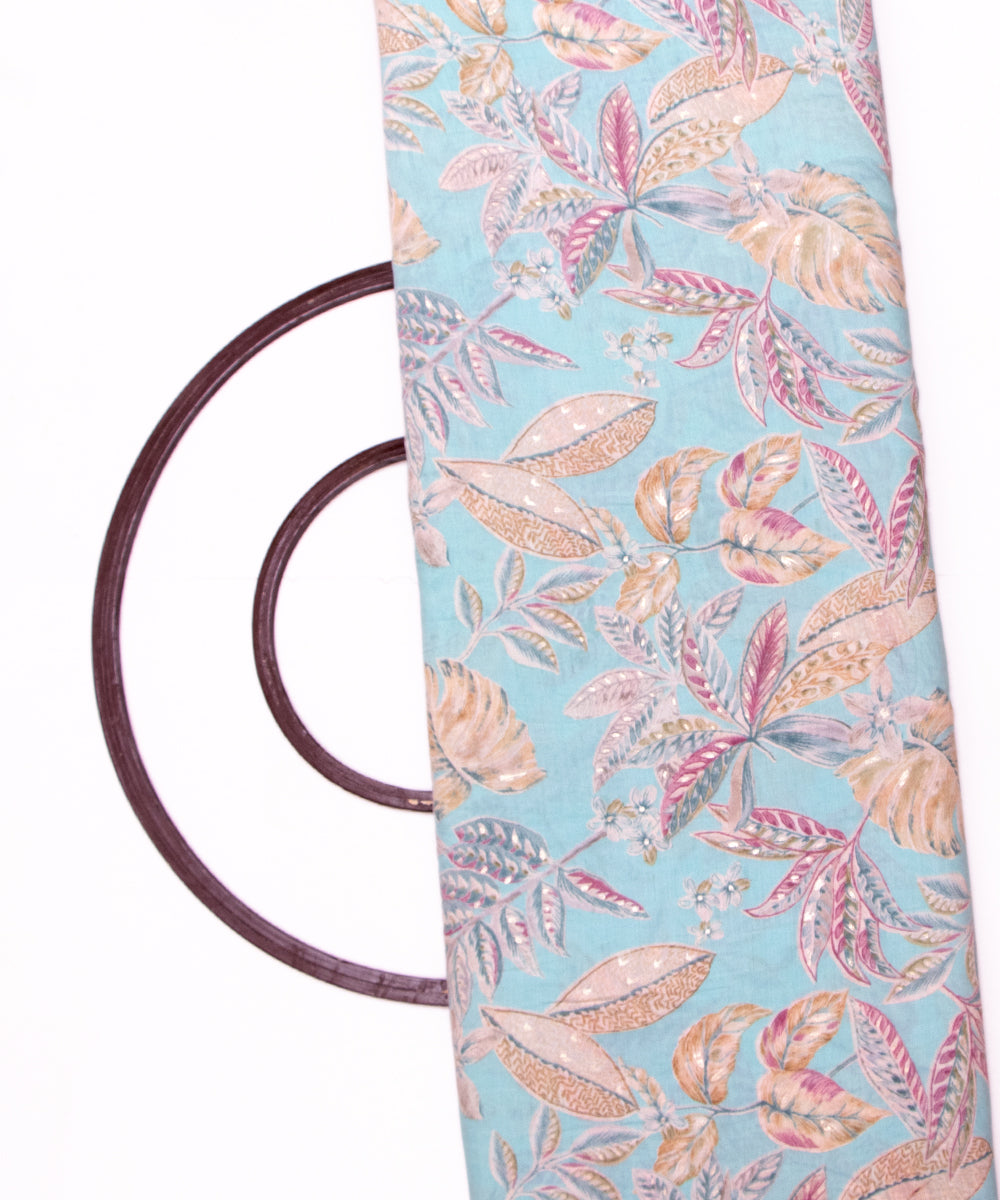 Light Blue Colour Leaf Print Viscose Modal Silk Fabric