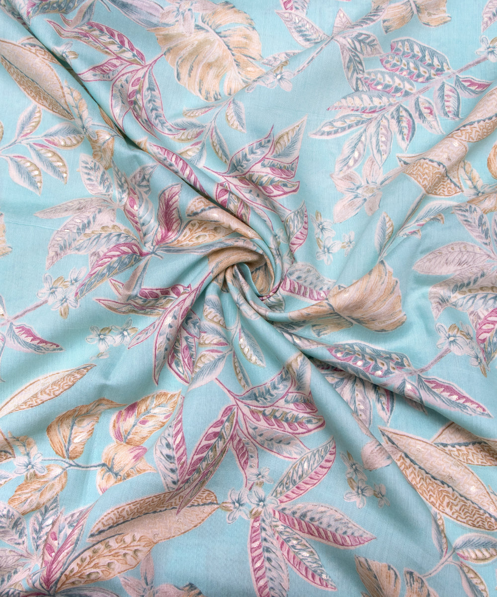 Light Blue Colour Leaf Print Viscose Modal Silk Fabric