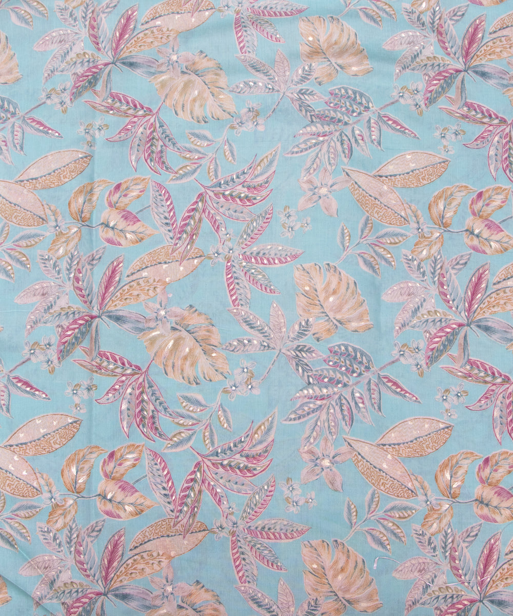 Light Blue Colour Leaf Print Viscose Modal Silk Fabric