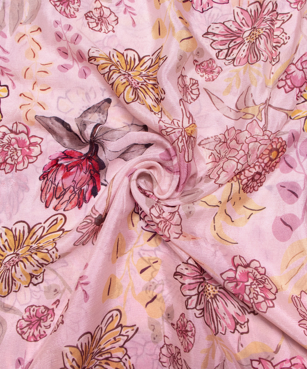 Light Pink Colour Digital Floral Print Viscose Chinon Silk Fabric