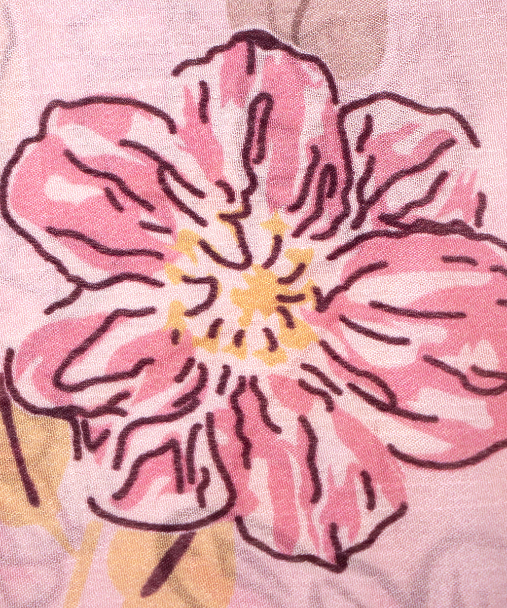 Light Pink Colour Digital Floral Print Viscose Chinon Silk Fabric