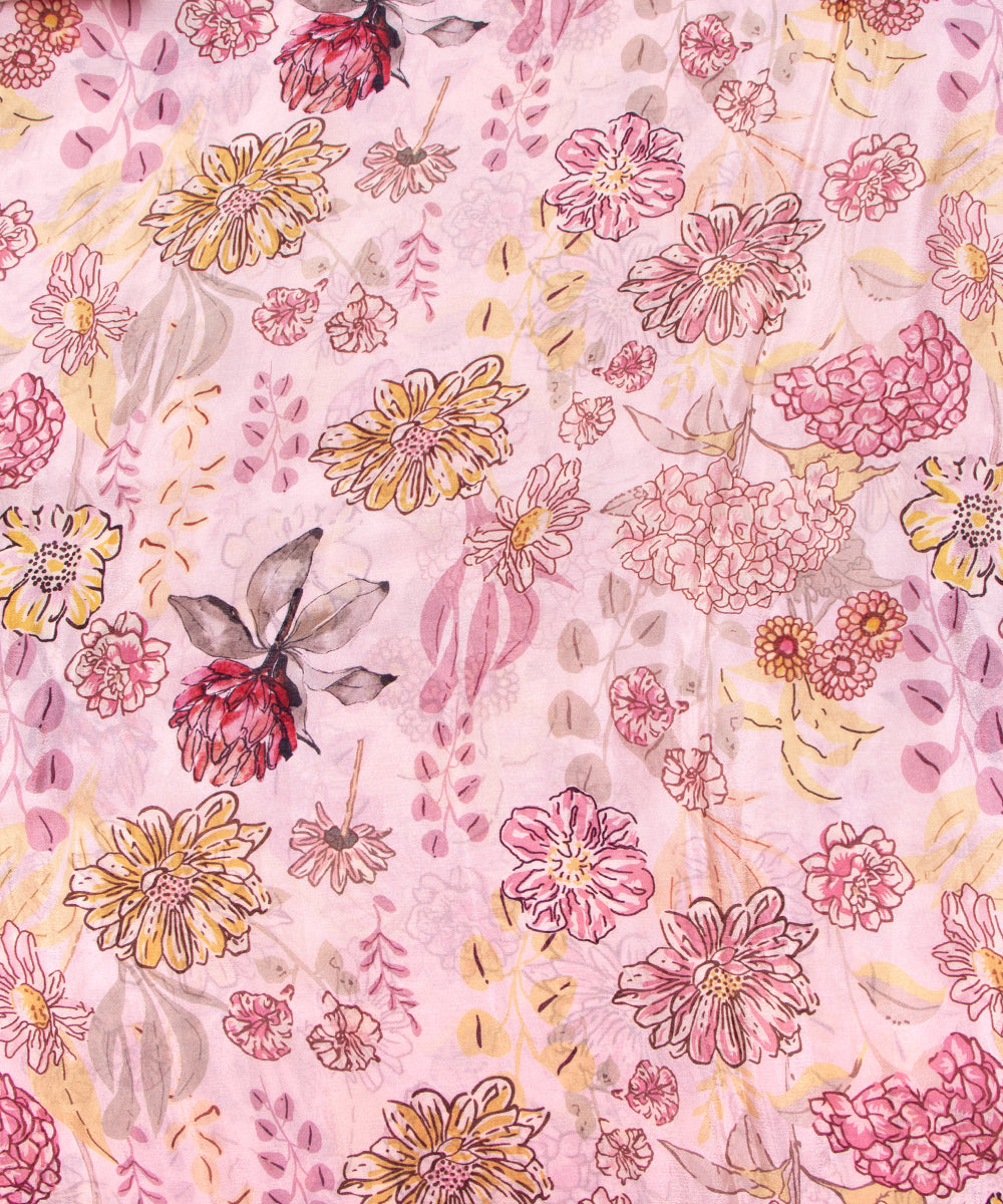 Light Pink Colour Digital Floral Print Viscose Chinon Silk Fabric
