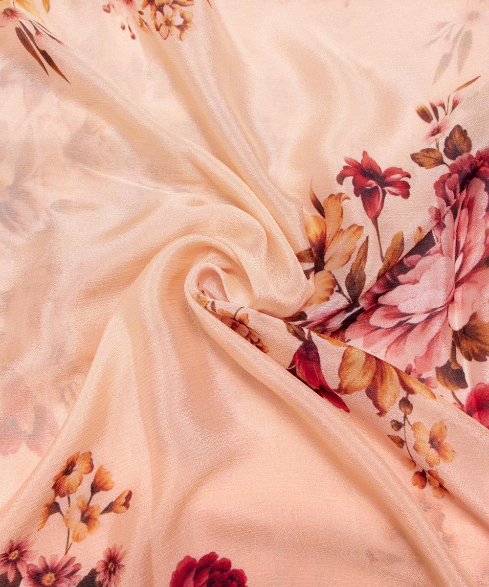 Light Peach Colour Digital Floral Print Viscose Chinon Silk Fabric