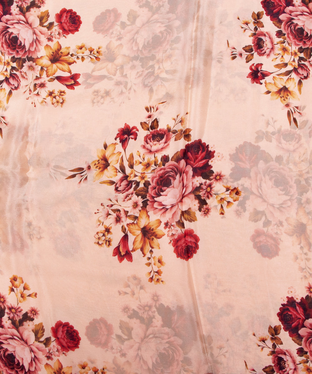 Light Peach Colour Digital Floral Print Viscose Chinon Silk Fabric