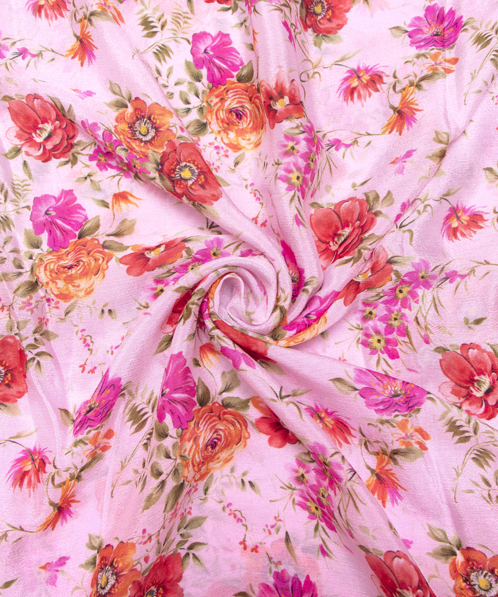 Pastel Pink Colour Digital Floral Print Viscose Chinon Silk Fabric