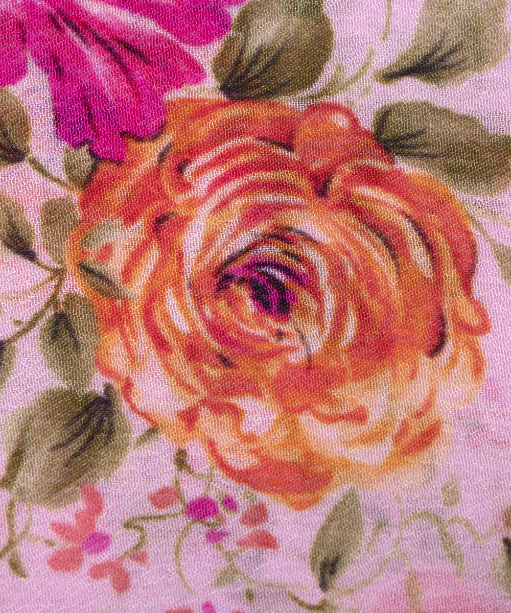 Pastel Pink Colour Digital Floral Print Viscose Chinon Silk Fabric