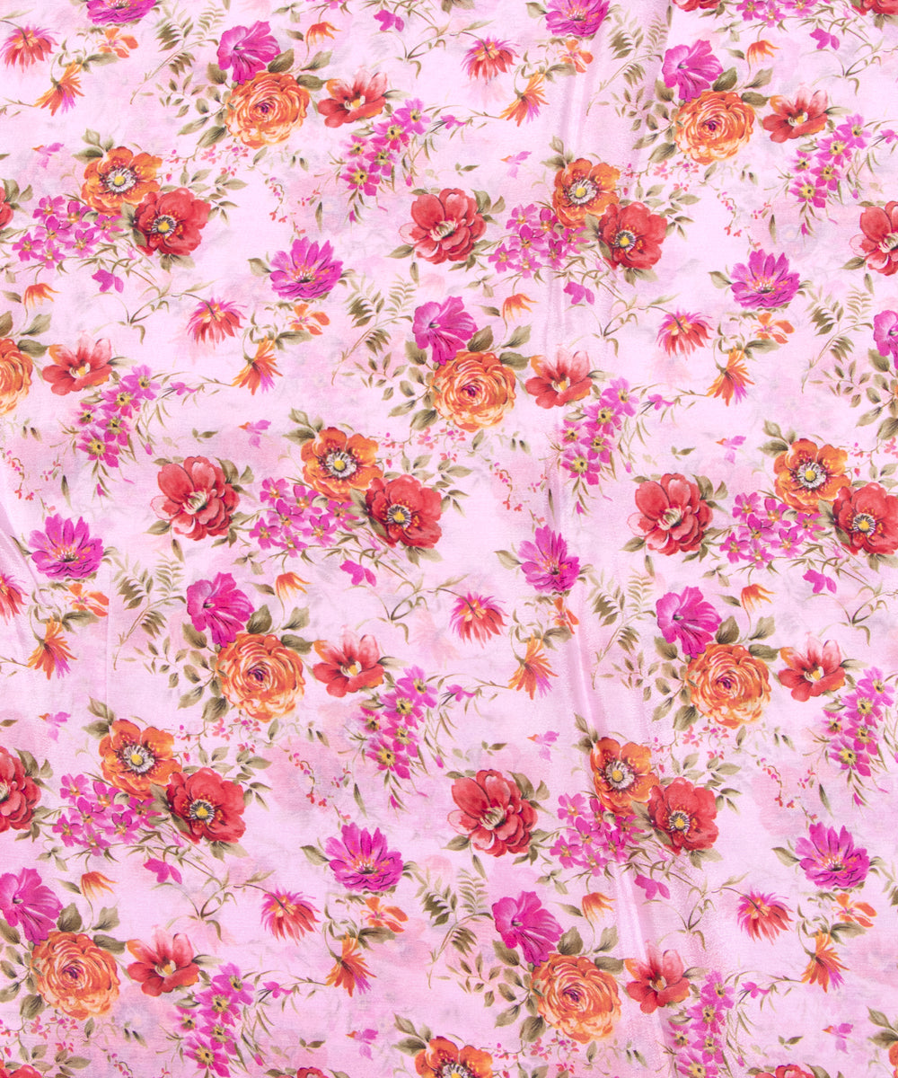 Pastel Pink Colour Digital Floral Print Viscose Chinon Silk Fabric