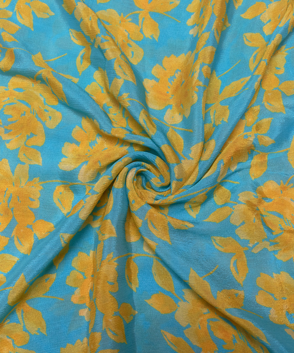 Blue Colour Digital Floral Print Viscose Chinon Silk Fabric