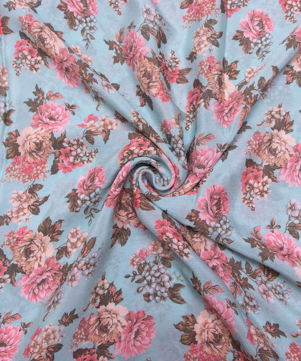 Light Blue Colour Digital Floral Print Viscose Chinon Silk Fabric