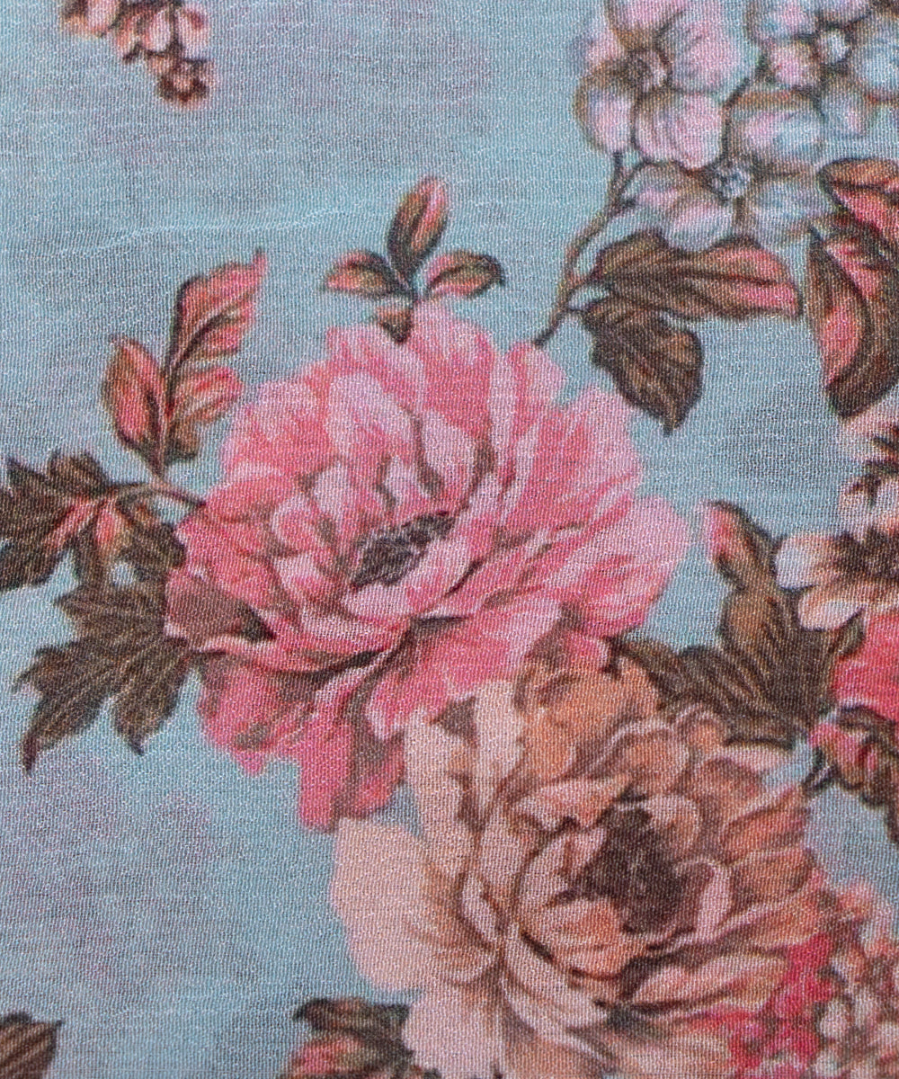 Light Blue Colour Digital Floral Print Viscose Chinon Silk Fabric
